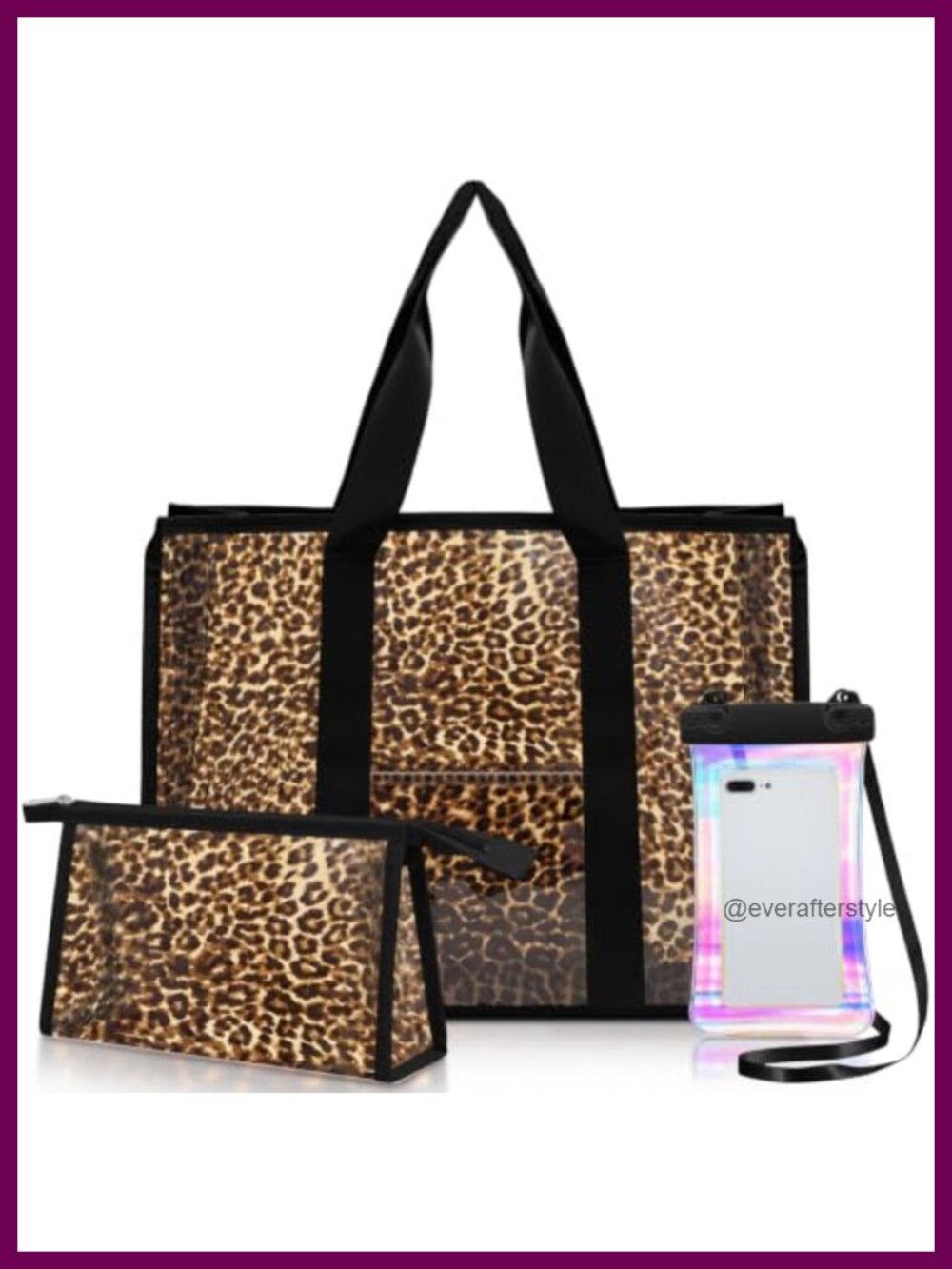 3 Pc Clear PVC Nylon Tote Bag Set Cosmetic Bag Waterproof Phone Pouch